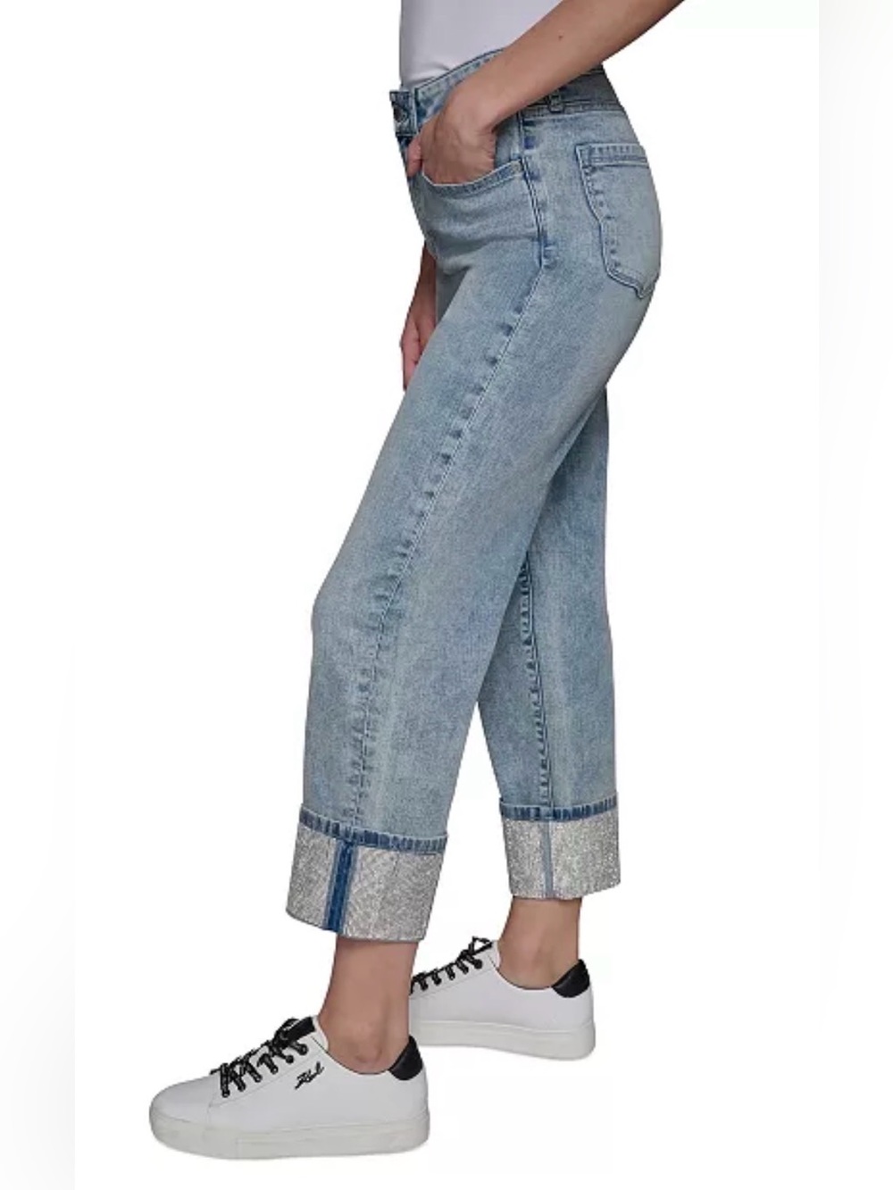 New Women Karl Lagerfeld Paris Crystal-Cuff Cropped Jeans- Ice Blue, Sz 2, $129 - Picture 5 of 12